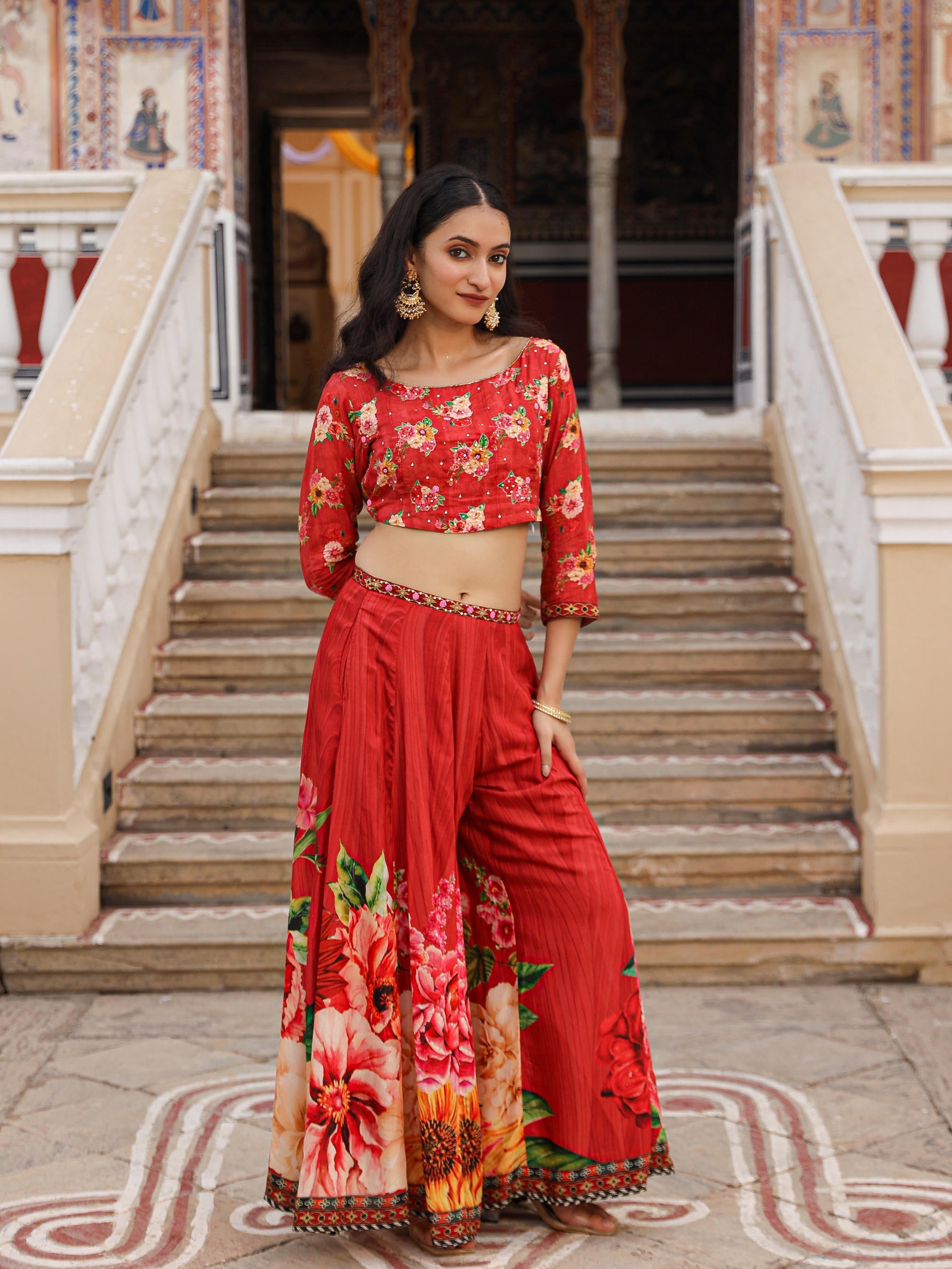 Juniper The Adah Rust Floral Printed Viscose Top & Skirt Set With Sequins & Thread Work | Grocsy