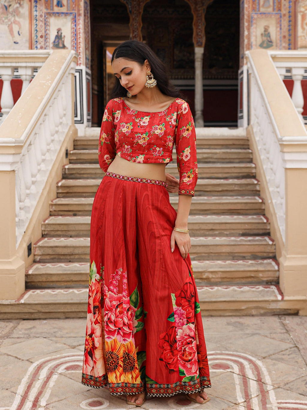 Juniper The Adah Rust Floral Printed Viscose Top & Skirt Set With Sequins & Thread Work | Grocsy