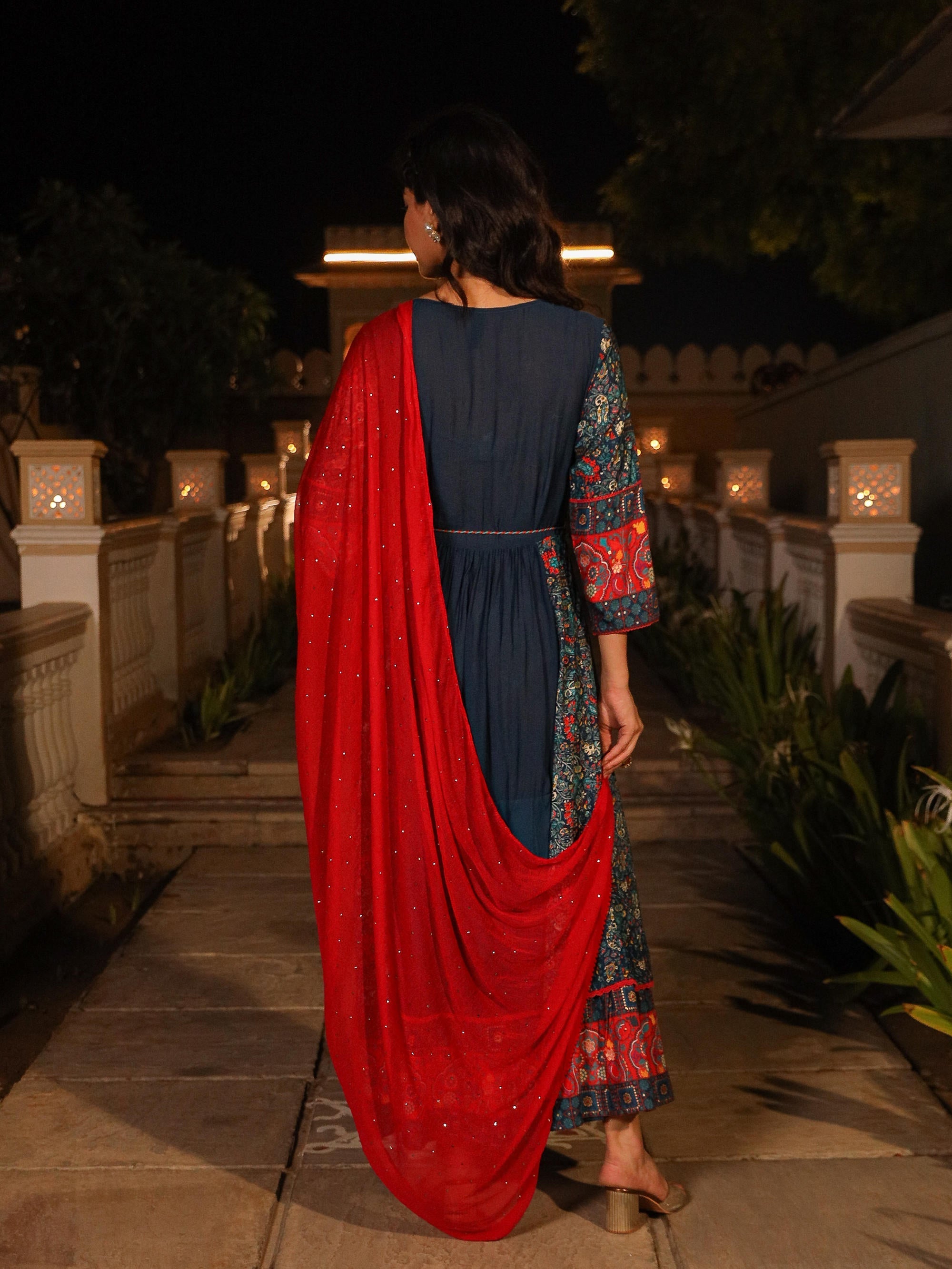 Juniper Women's Blue Viscose Rayon Printed Kurta Set | Grocsy