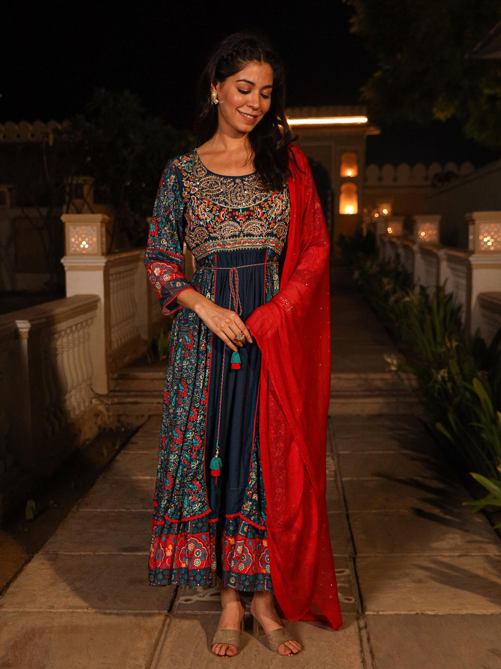 Juniper Women's Blue Viscose Rayon Printed Kurta Set | Grocsy