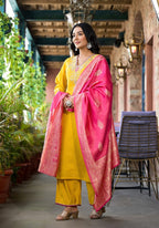 Juniper Women's Mustard Zari Embroidered Viscose Kurta Pant And Dupatta Set With Mirror Work | Grocsy