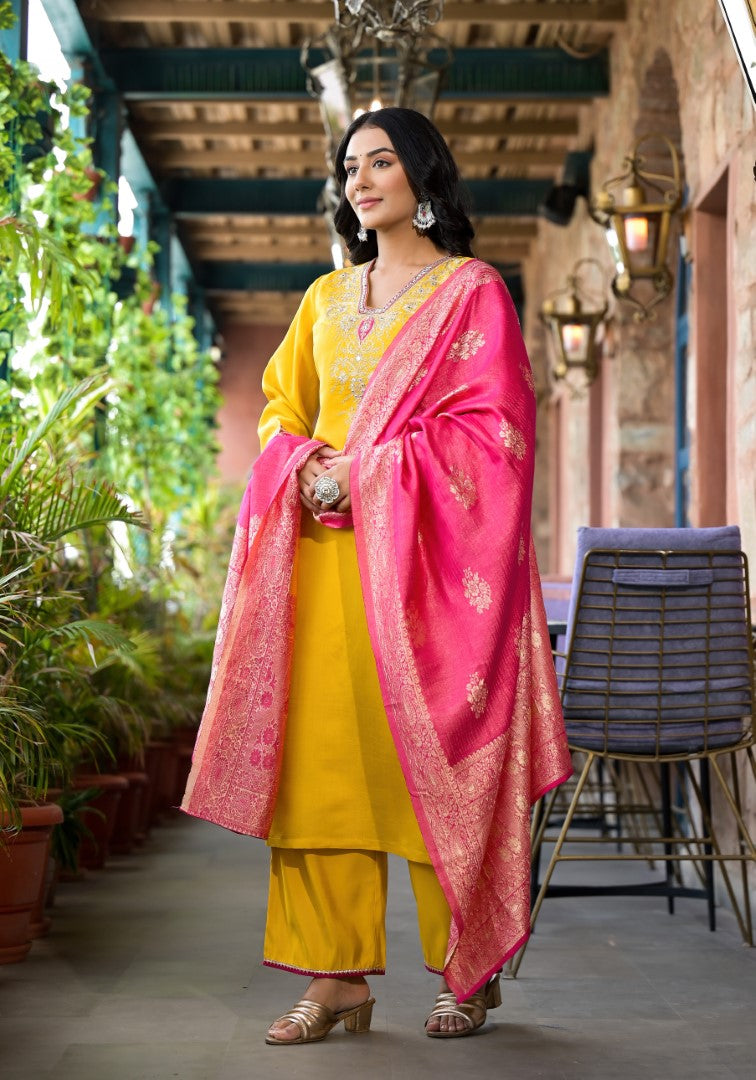 Juniper Women's Mustard Zari Embroidered Viscose Kurta Pant And Dupatta Set With Mirror Work | Grocsy