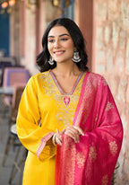 Juniper Women's Mustard Zari Embroidered Viscose Kurta Pant And Dupatta Set With Mirror Work | Grocsy