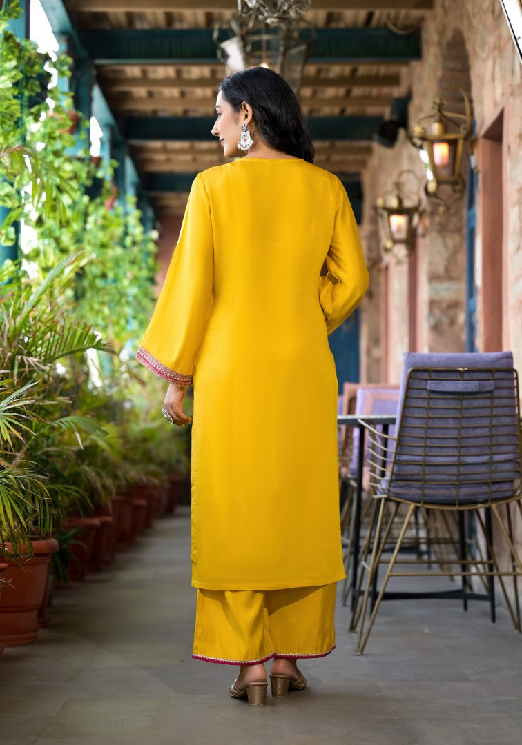 Juniper Women's Mustard Zari Embroidered Viscose Kurta Pant And Dupatta Set With Mirror Work | Grocsy