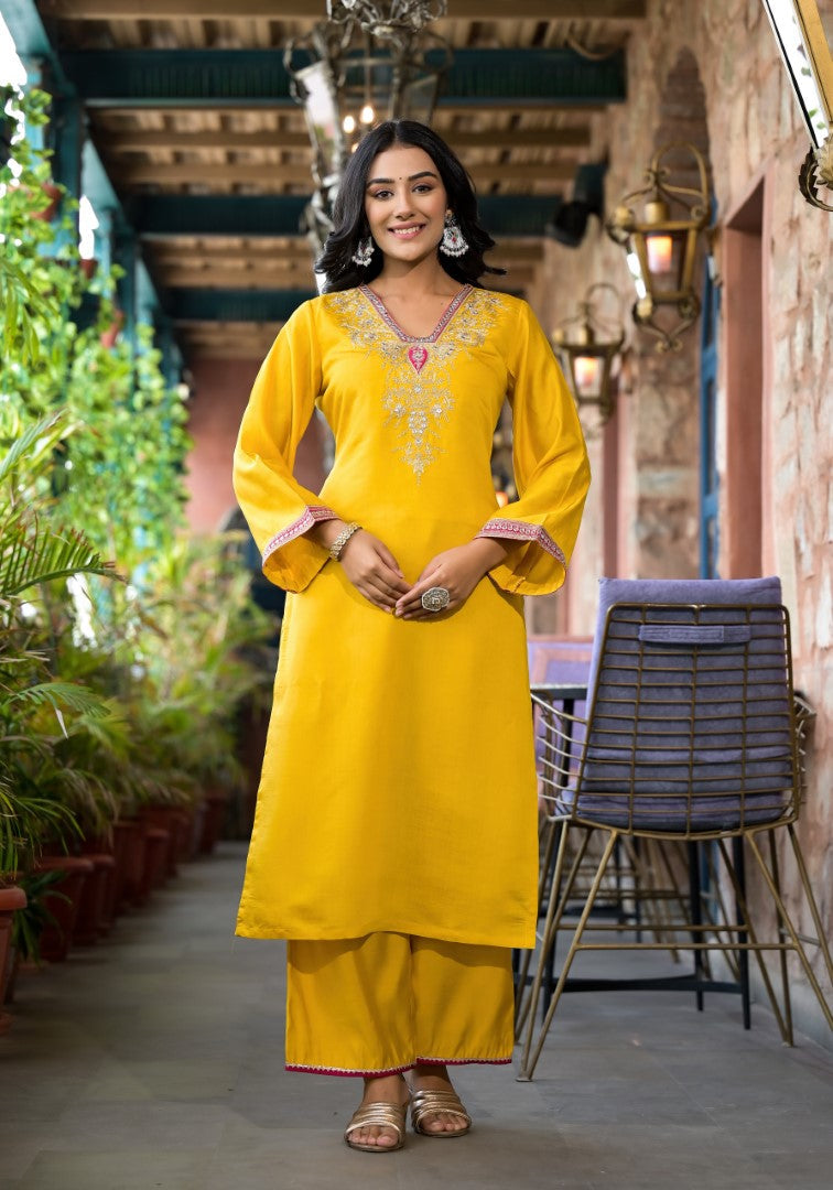 Juniper Women's Mustard Zari Embroidered Viscose Kurta Pant And Dupatta Set With Mirror Work | Grocsy