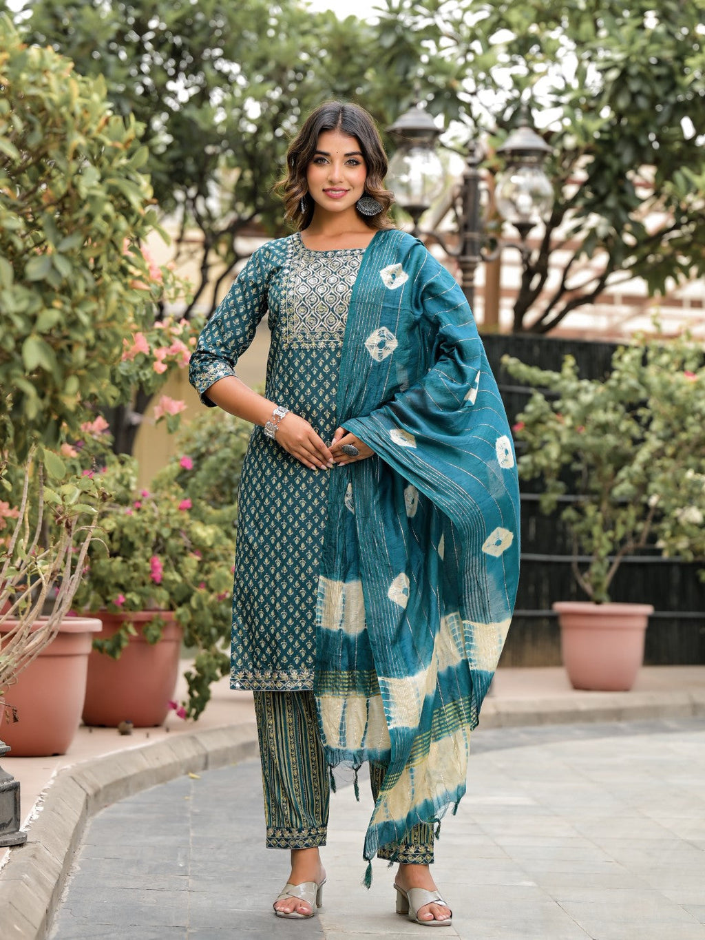Juniper Women's Green Ethnic Motif Printed Cotton Kurta, Pant And Dupatta Set With Zari Work & Sequins | Grocsy