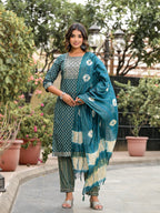 Juniper Women's Green Ethnic Motif Printed Cotton Kurta, Pant And Dupatta Set With Zari Work & Sequins | Grocsy