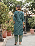Juniper Women's Green Ethnic Motif Printed Cotton Kurta, Pant And Dupatta Set With Zari Work & Sequins | Grocsy