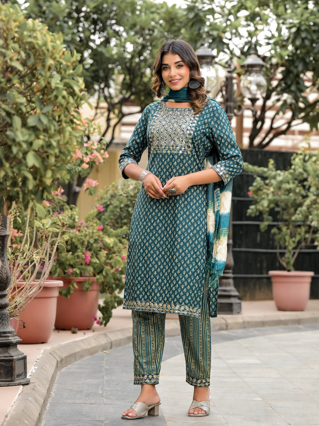 Juniper Women's Green Ethnic Motif Printed Cotton Kurta, Pant And Dupatta Set With Zari Work & Sequins | Grocsy