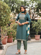 Juniper Women's Green Ethnic Motif Printed Cotton Kurta, Pant And Dupatta Set With Zari Work & Sequins | Grocsy