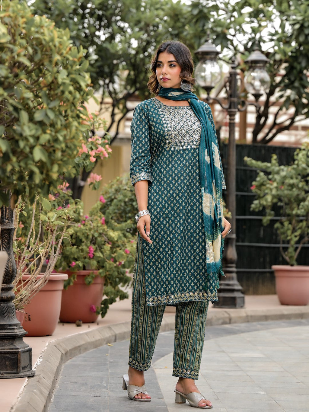 Juniper Women's Green Ethnic Motif Printed Cotton Kurta, Pant And Dupatta Set With Zari Work & Sequins | Grocsy