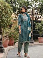 Juniper Women's Green Ethnic Motif Printed Cotton Kurta, Pant And Dupatta Set With Zari Work & Sequins | Grocsy