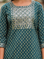Juniper Women's Green Ethnic Motif Printed Cotton Kurta, Pant And Dupatta Set With Zari Work & Sequins | Grocsy