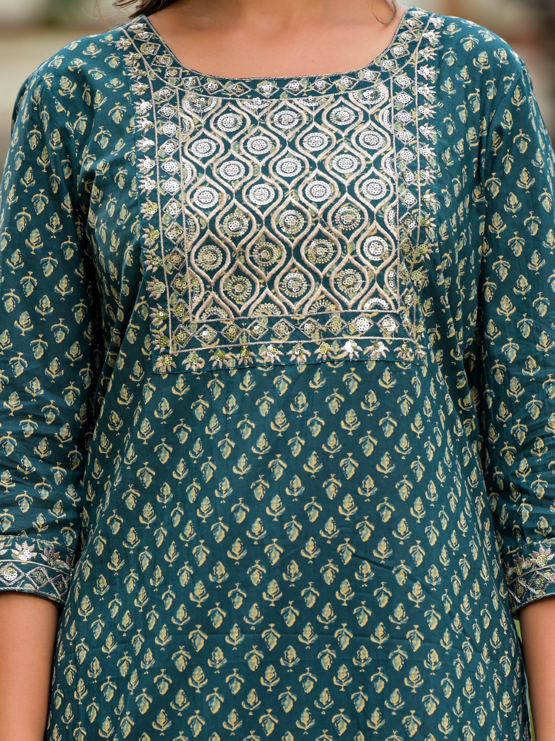 Juniper Women's Green Ethnic Motif Printed Cotton Kurta, Pant And Dupatta Set With Zari Work & Sequins | Grocsy