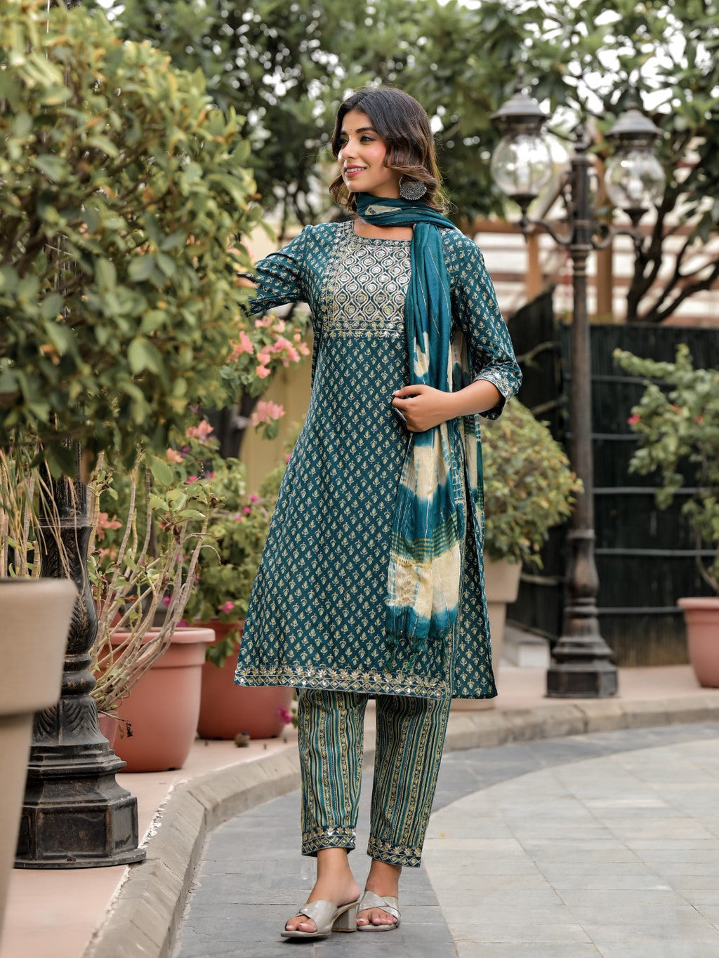 Juniper Women's Green Ethnic Motif Printed Cotton Kurta, Pant And Dupatta Set With Zari Work & Sequins | Grocsy
