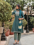 Juniper Women's Green Ethnic Motif Printed Cotton Kurta, Pant And Dupatta Set With Zari Work & Sequins | Grocsy