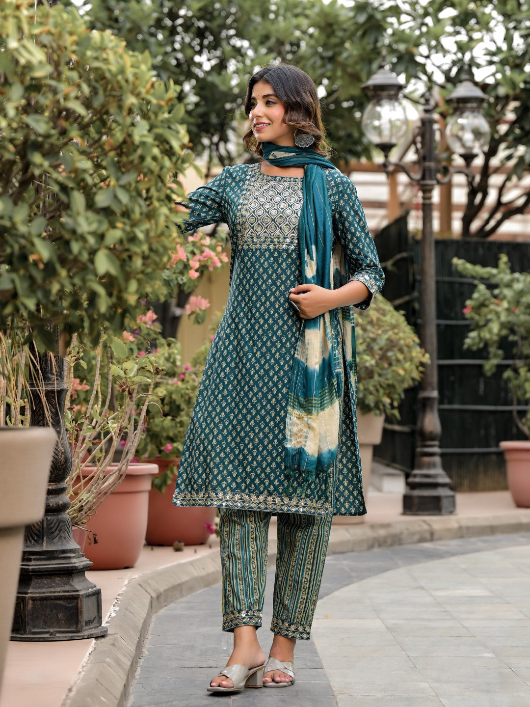 Juniper Women's Green Ethnic Motif Printed Cotton Kurta, Pant And Dupatta Set With Zari Work & Sequins | Grocsy
