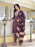 Juniper Women's Wine Ethnic Motif Printed Cotton Kurta, Pant And Dupatta Set With Zari Work & Sequins | Grocsy