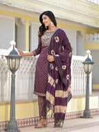 Juniper Women's Wine Ethnic Motif Printed Cotton Kurta, Pant And Dupatta Set With Zari Work & Sequins | Grocsy