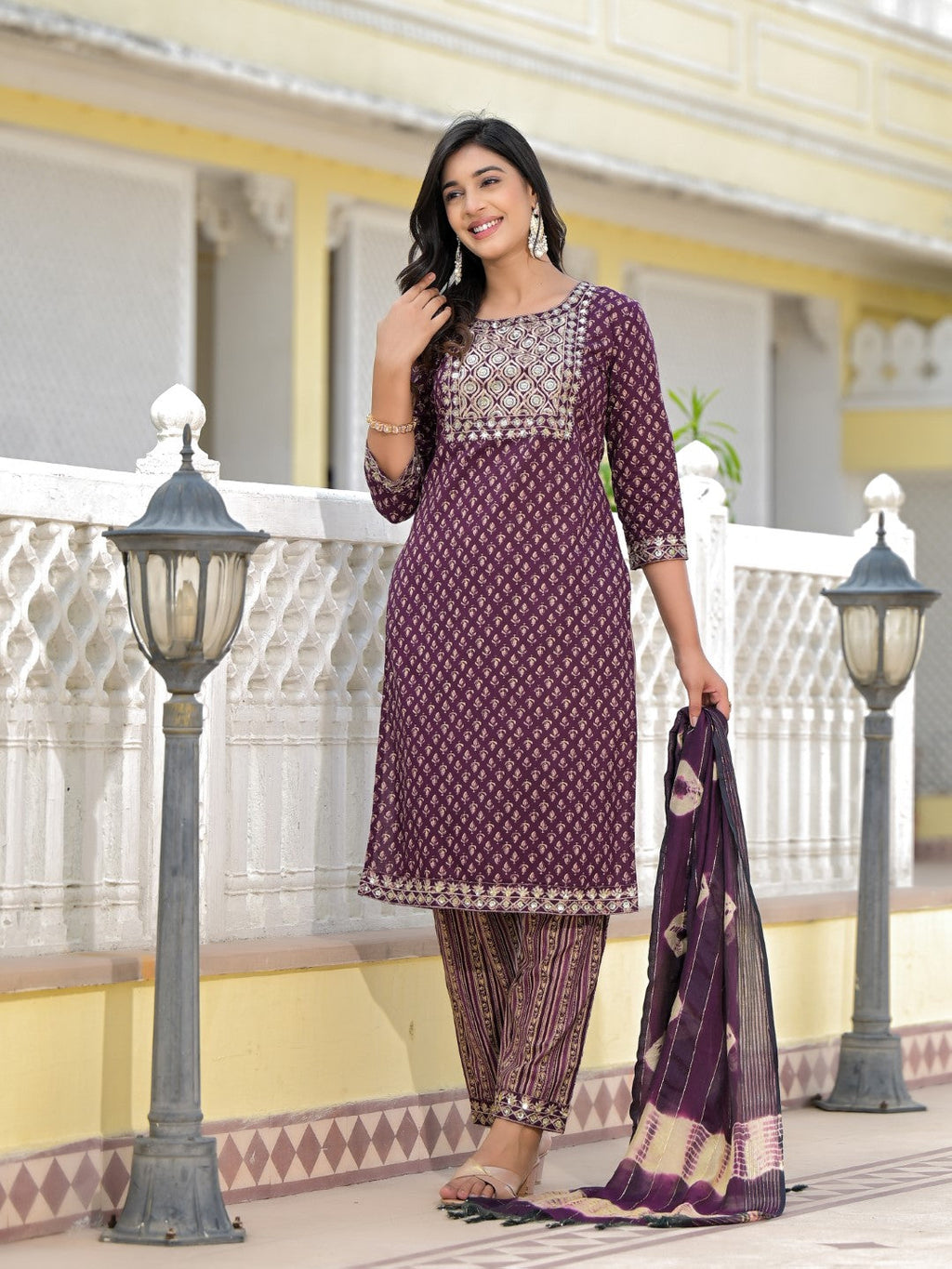 Juniper Women's Wine Ethnic Motif Printed Cotton Kurta, Pant And Dupatta Set With Zari Work & Sequins | Grocsy