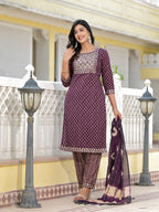 Juniper Women's Wine Ethnic Motif Printed Cotton Kurta, Pant And Dupatta Set With Zari Work & Sequins | Grocsy