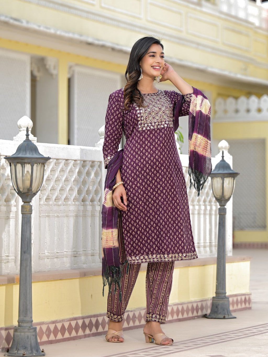 Juniper Women's Wine Ethnic Motif Printed Cotton Kurta, Pant And Dupatta Set With Zari Work & Sequins | Grocsy