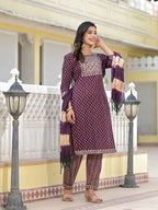 Juniper Women's Wine Ethnic Motif Printed Cotton Kurta, Pant And Dupatta Set With Zari Work & Sequins | Grocsy