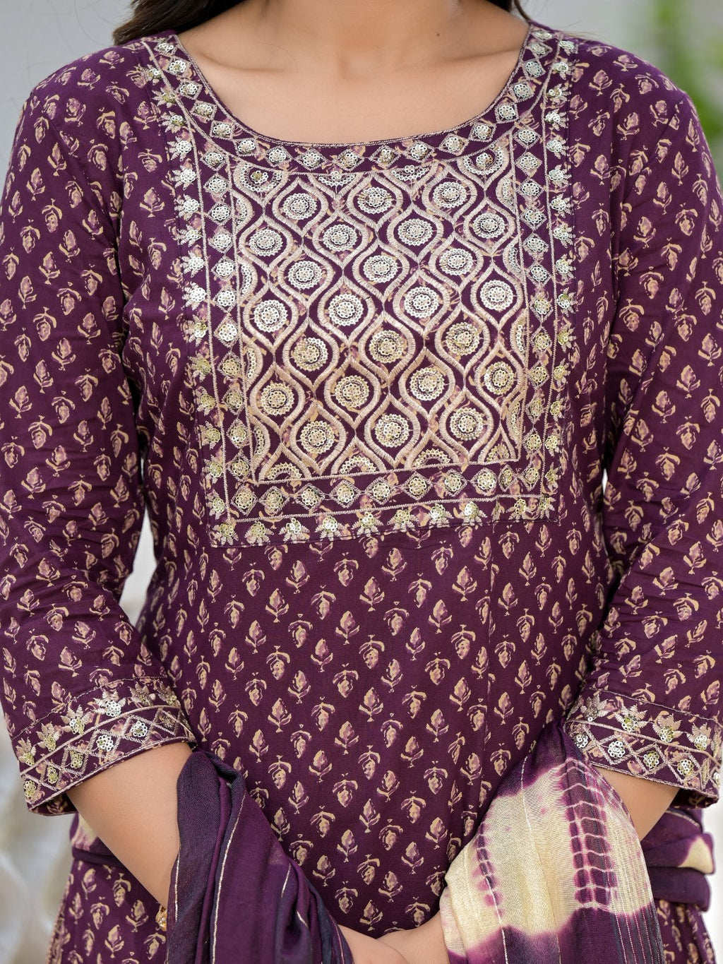 Juniper Women's Wine Ethnic Motif Printed Cotton Kurta, Pant And Dupatta Set With Zari Work & Sequins | Grocsy