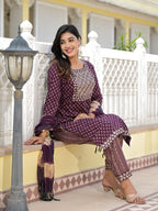 Juniper Women's Wine Ethnic Motif Printed Cotton Kurta, Pant And Dupatta Set With Zari Work & Sequins | Grocsy