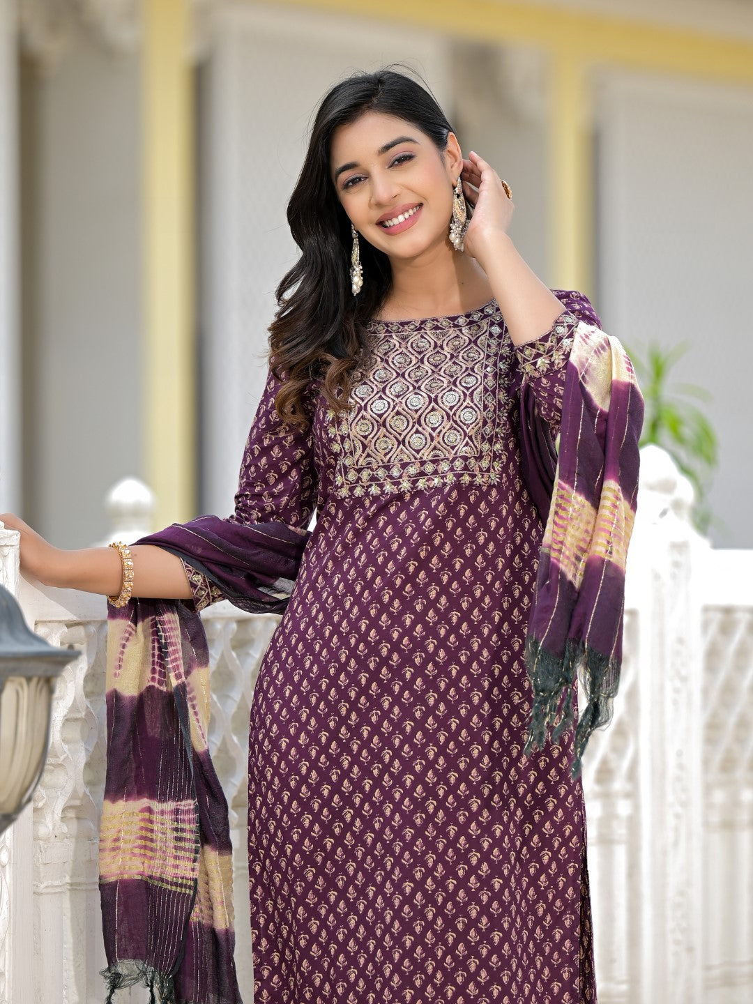 Juniper Women's Wine Ethnic Motif Printed Cotton Kurta, Pant And Dupatta Set With Zari Work & Sequins | Grocsy