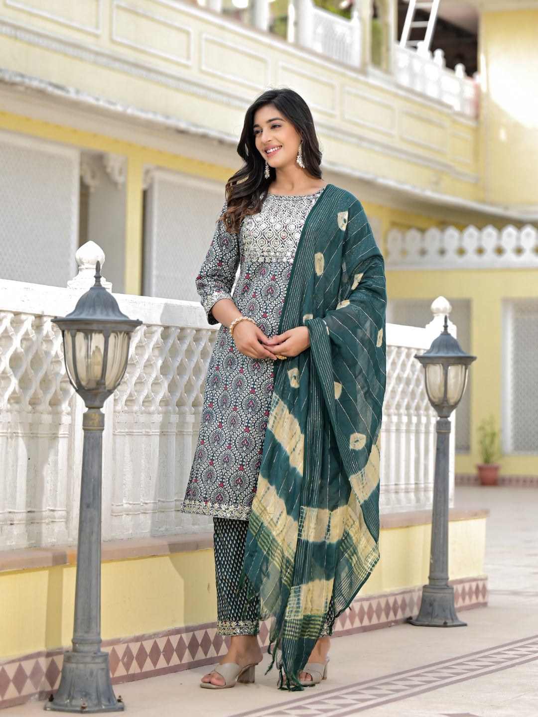 Juniper Women's Teal Ethnic Motif Printed Cotton Kurta, Pant And Dupatta Set With Zari Work & Sequins | Grocsy
