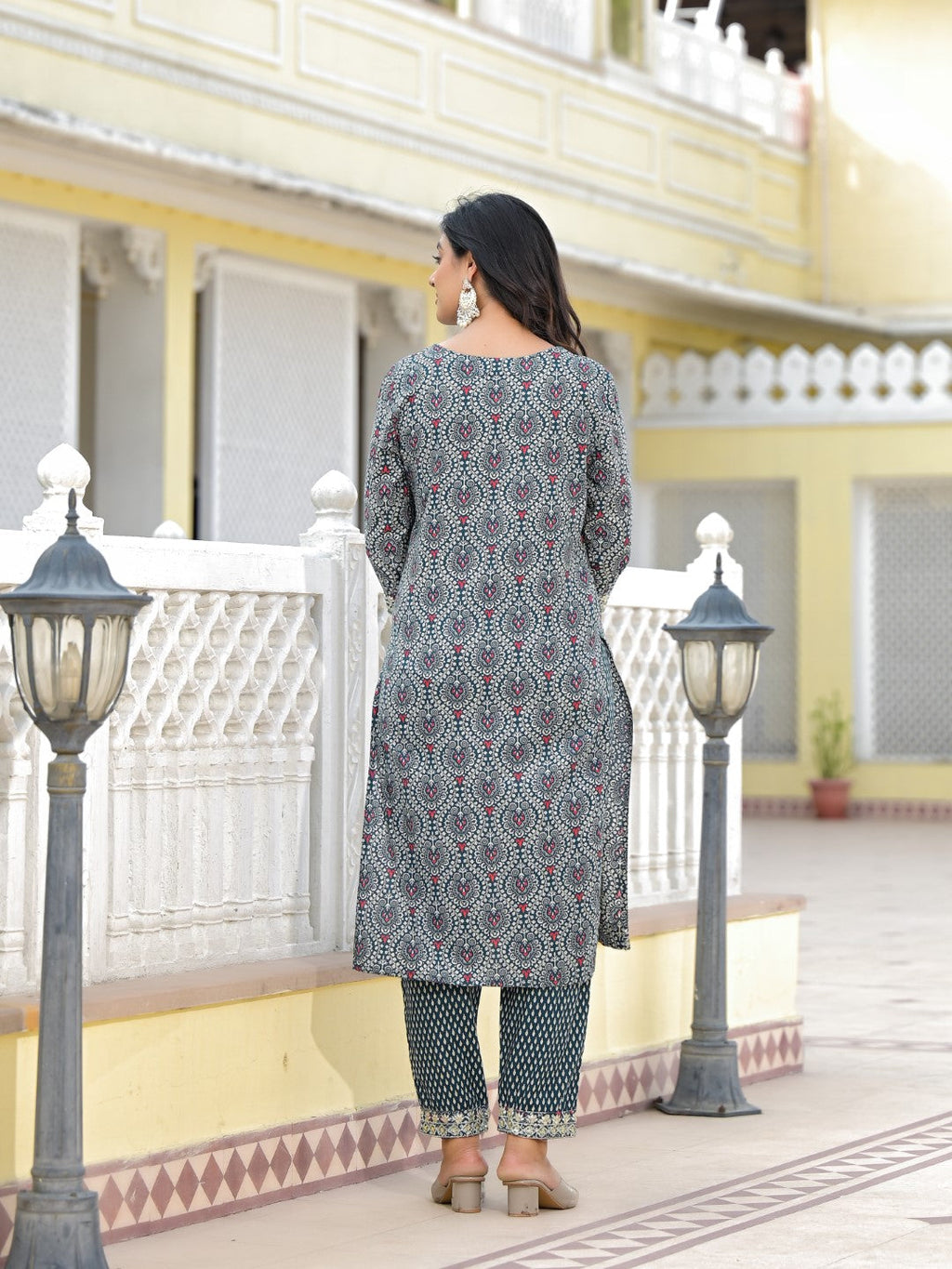 Juniper Women's Teal Ethnic Motif Printed Cotton Kurta, Pant And Dupatta Set With Zari Work & Sequins | Grocsy