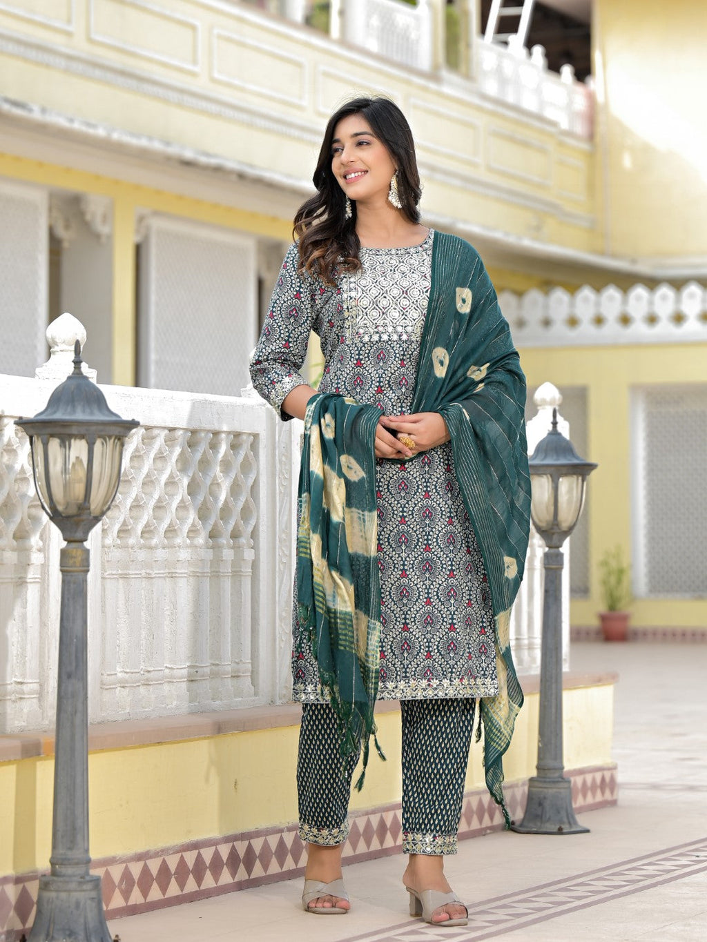 Juniper Women's Teal Ethnic Motif Printed Cotton Kurta, Pant And Dupatta Set With Zari Work & Sequins | Grocsy