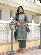 Juniper Women's Teal Ethnic Motif Printed Cotton Kurta, Pant And Dupatta Set With Zari Work & Sequins | Grocsy