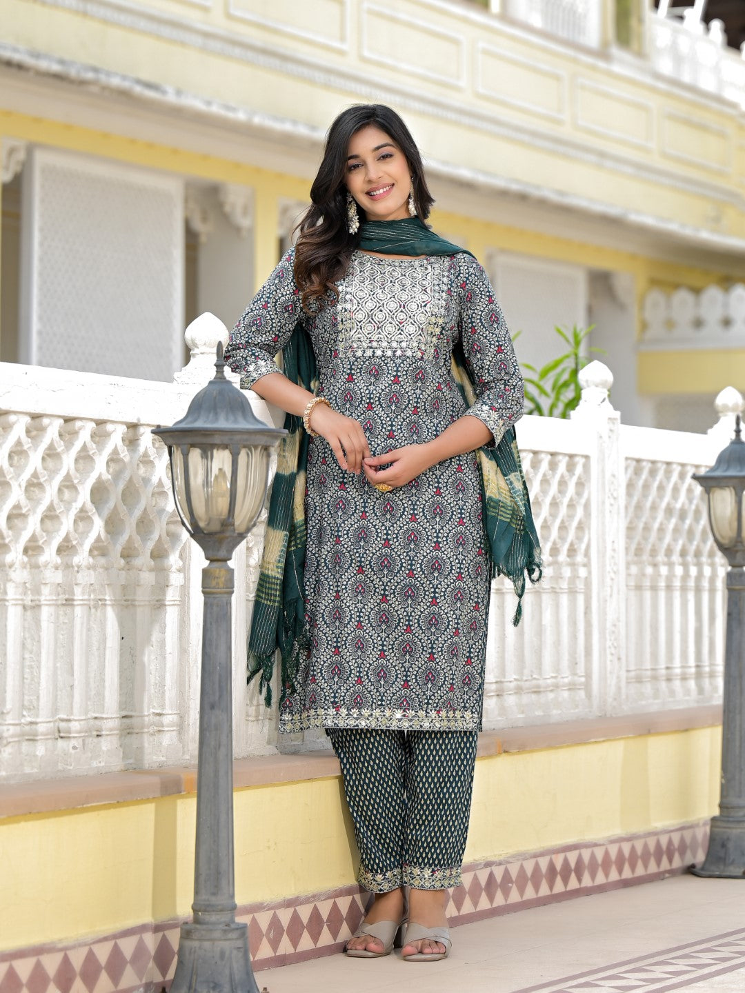 Juniper Women's Teal Ethnic Motif Printed Cotton Kurta, Pant And Dupatta Set With Zari Work & Sequins | Grocsy