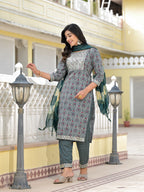 Juniper Women's Teal Ethnic Motif Printed Cotton Kurta, Pant And Dupatta Set With Zari Work & Sequins | Grocsy