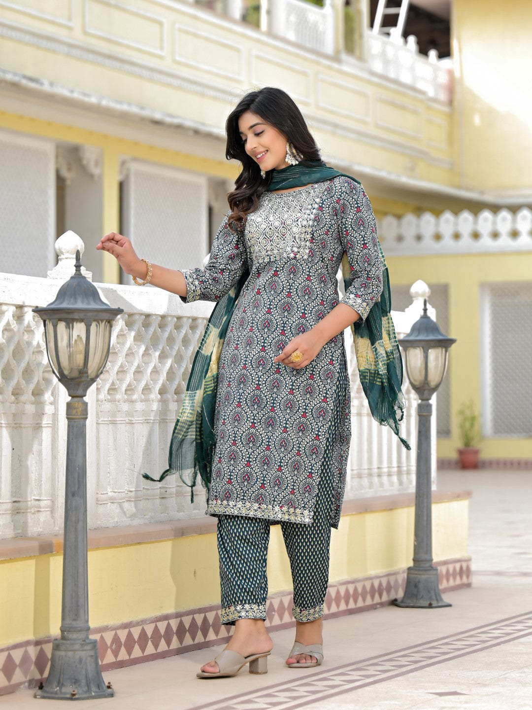 Juniper Women's Teal Ethnic Motif Printed Cotton Kurta, Pant And Dupatta Set With Zari Work & Sequins | Grocsy