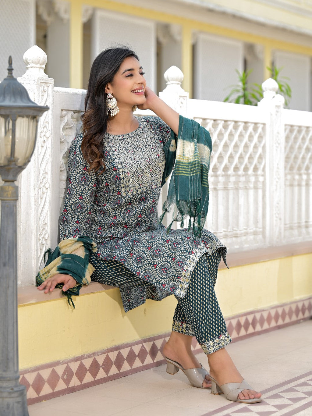 Juniper Women's Teal Ethnic Motif Printed Cotton Kurta, Pant And Dupatta Set With Zari Work & Sequins | Grocsy
