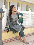 Juniper Women's Teal Ethnic Motif Printed Cotton Kurta, Pant And Dupatta Set With Zari Work & Sequins | Grocsy