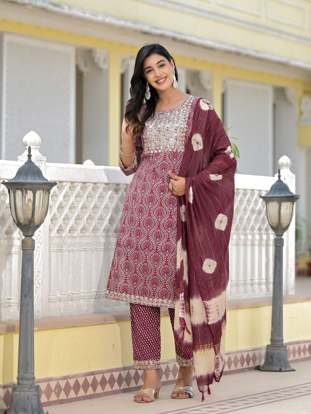 Juniper Women's Wine Ethnic Motif Printed Cotton Kurta, Pant And Dupatta Set With Zari Work & Sequins | Grocsy