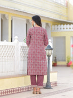 Juniper Women's Wine Ethnic Motif Printed Cotton Kurta, Pant And Dupatta Set With Zari Work & Sequins | Grocsy