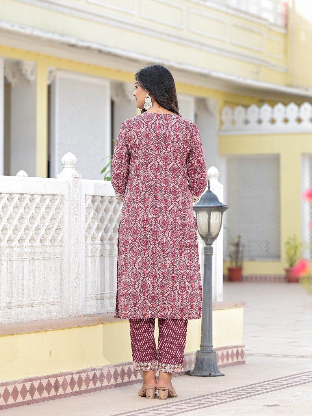 Juniper Women's Wine Ethnic Motif Printed Cotton Kurta, Pant And Dupatta Set With Zari Work & Sequins | Grocsy