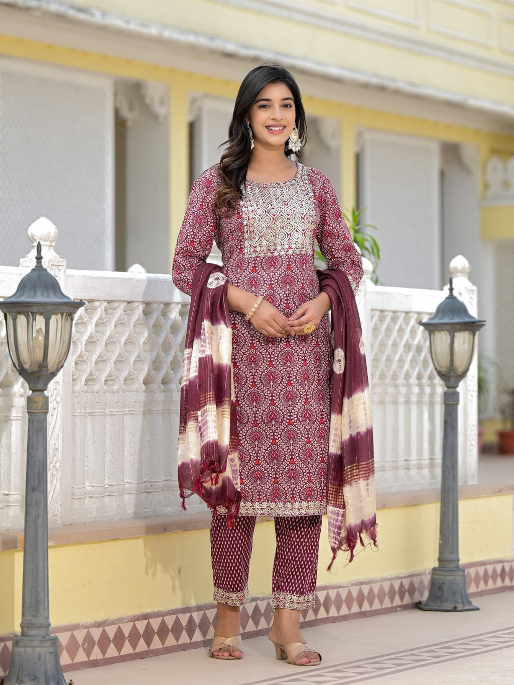 Juniper Women's Wine Ethnic Motif Printed Cotton Kurta, Pant And Dupatta Set With Zari Work & Sequins | Grocsy