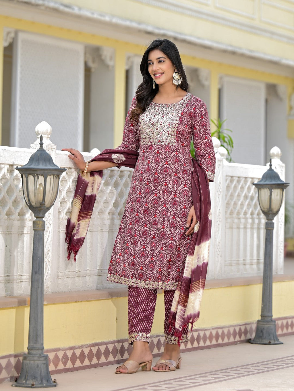 Juniper Women's Wine Ethnic Motif Printed Cotton Kurta, Pant And Dupatta Set With Zari Work & Sequins | Grocsy