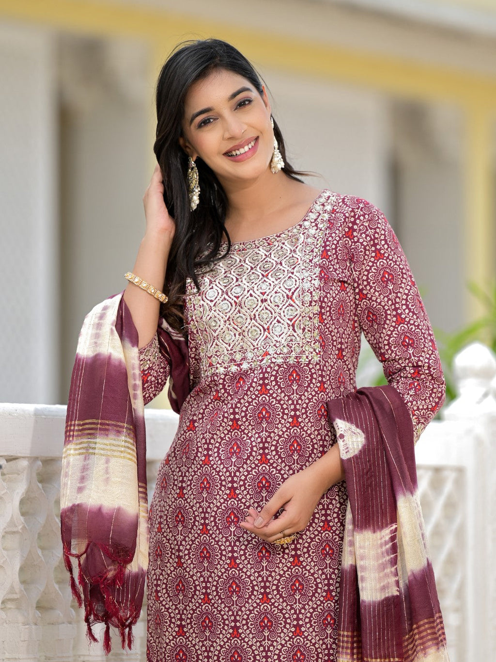 Juniper Women's Wine Ethnic Motif Printed Cotton Kurta, Pant And Dupatta Set With Zari Work & Sequins | Grocsy