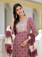 Juniper Women's Wine Ethnic Motif Printed Cotton Kurta, Pant And Dupatta Set With Zari Work & Sequins | Grocsy