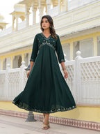 Juniper Women's Bottle Green Mirror Embroidered Liva Rayon Dress With Sequins | Grocsy