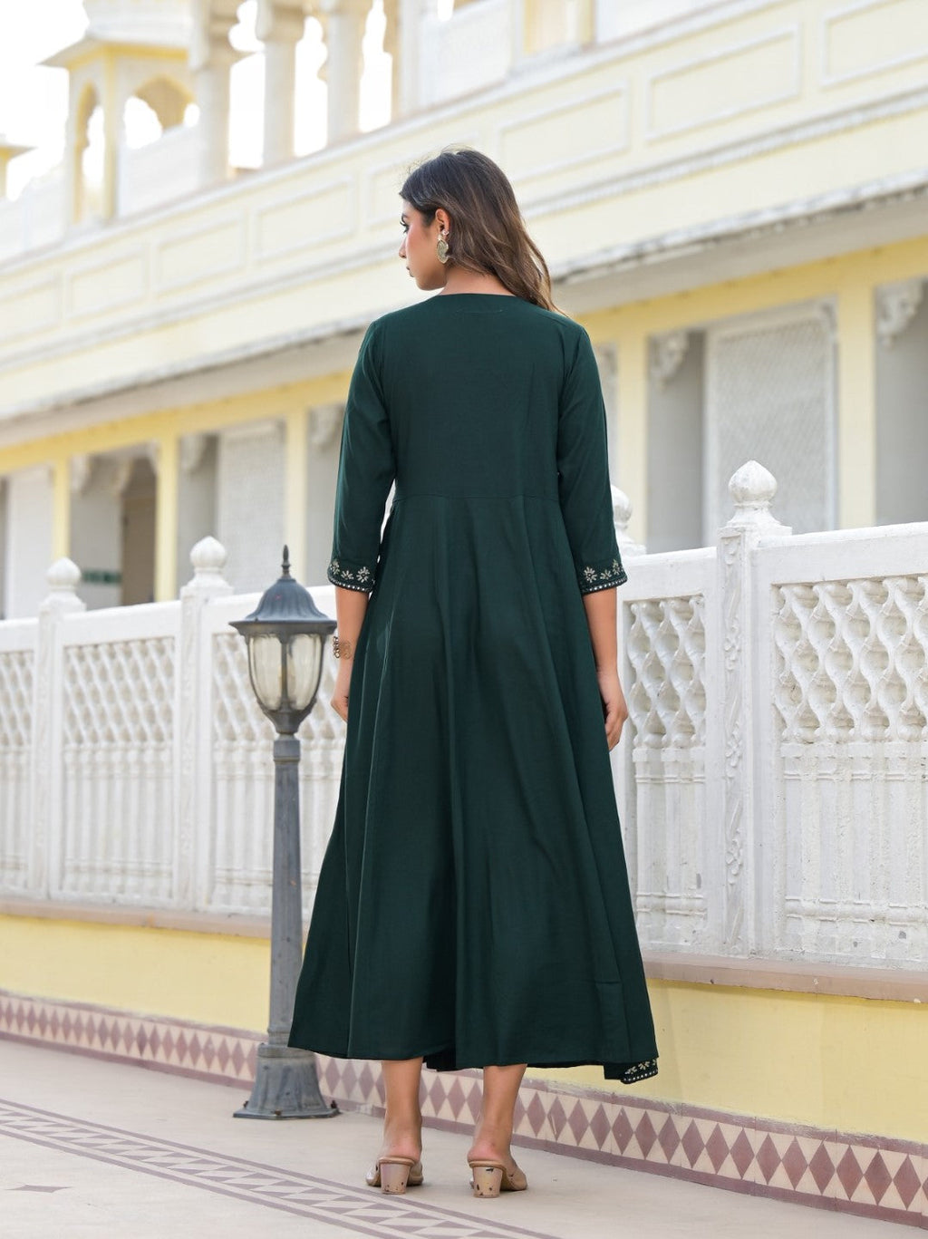 Juniper Women's Bottle Green Mirror Embroidered Liva Rayon Dress With Sequins | Grocsy