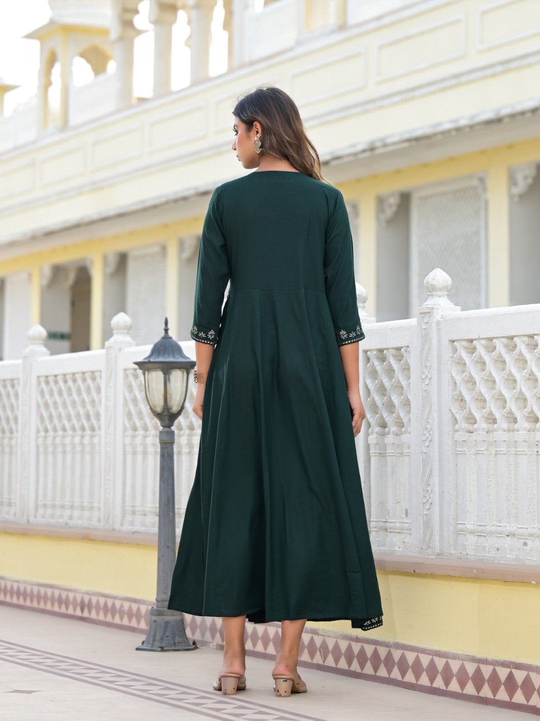 Juniper Women's Bottle Green Mirror Embroidered Liva Rayon Dress With Sequins | Grocsy