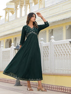 Juniper Women's Bottle Green Mirror Embroidered Liva Rayon Dress With Sequins | Grocsy